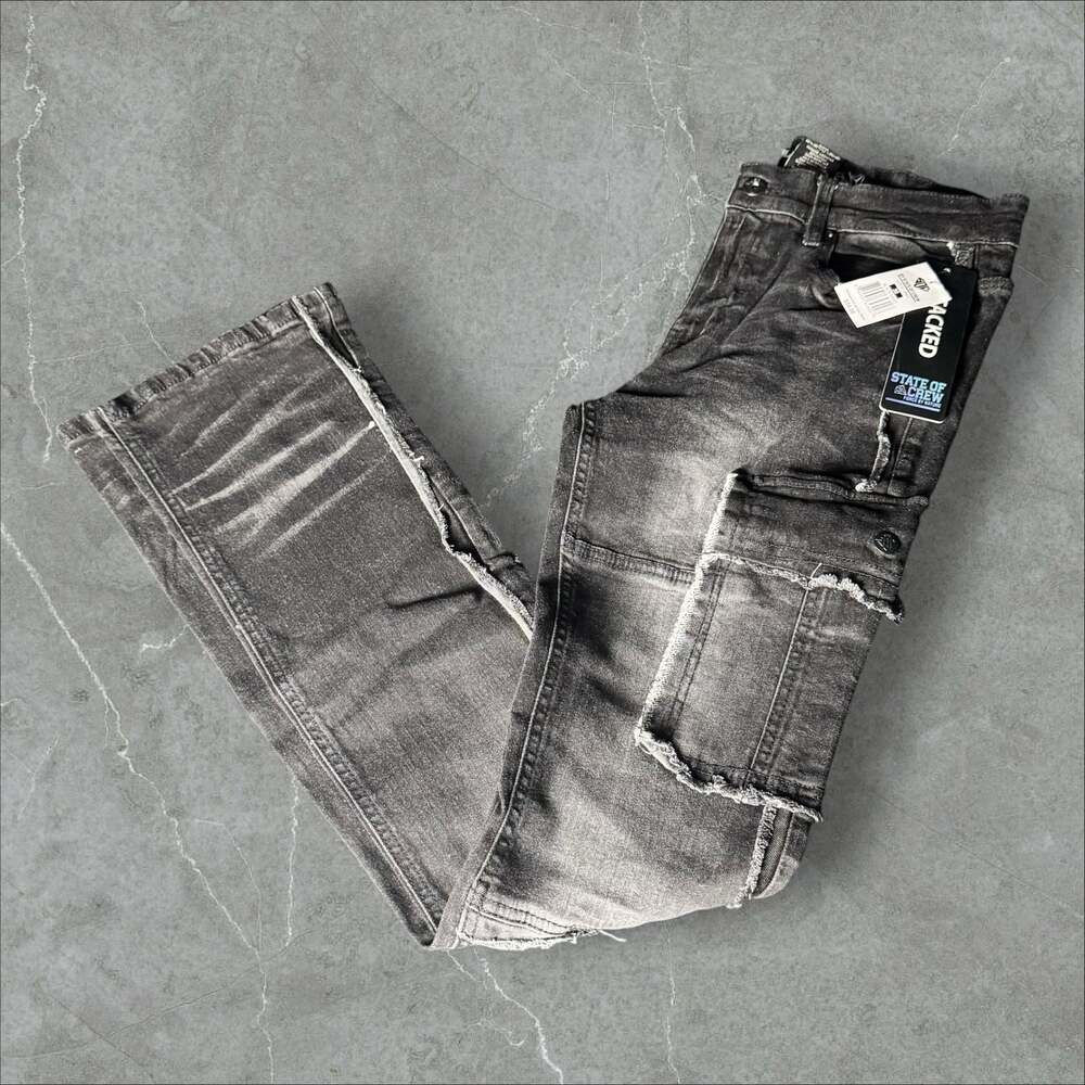 State of Crew Men's Black Sand Distressed Cargo Stacked Jeans